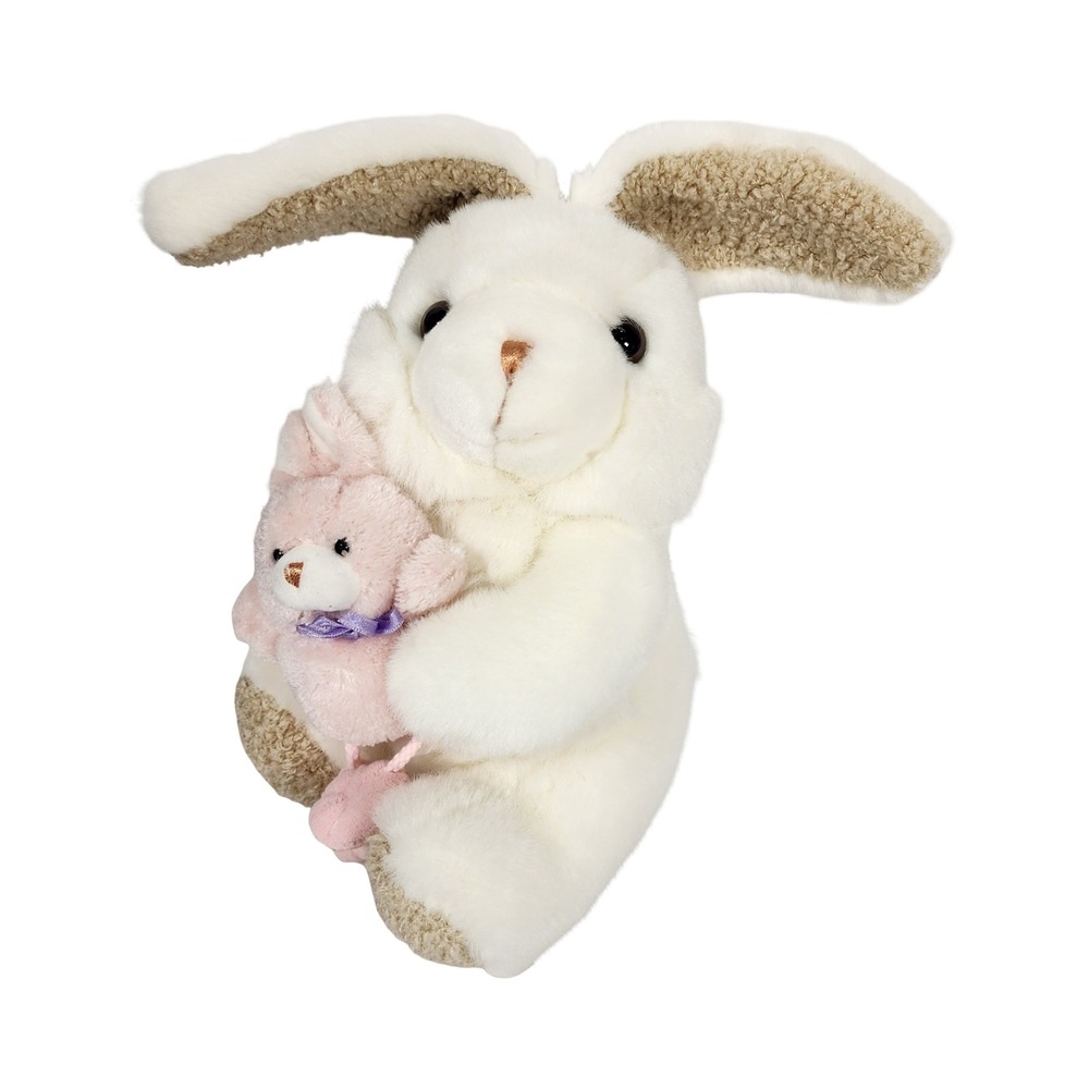 White Easter Bunny Plush Holding Pink Baby Bunny Rabbit 10 Inch Stuffed